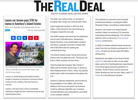 Luxury car tycoon pays $7M for manse in Aventura’s Island Estates