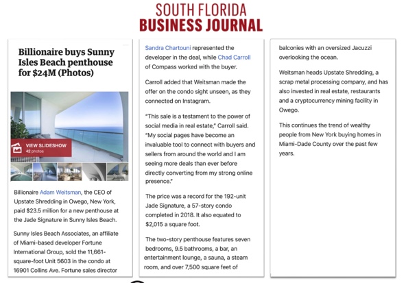 Billionaire buys Sunny Isles Beach penthouse for $24M