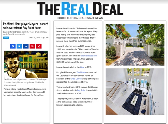 Ex-Miami Heat player Meyers Leonard sells waterfront Bay Point home