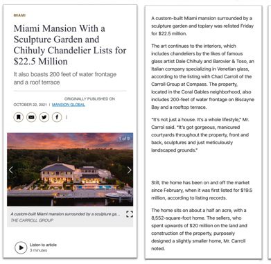 Miami Mansion With a Sculpture Garden and Chihuly Chandelier Lists for $22.5 Million