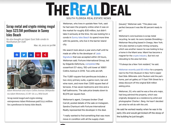 Scrap metal and crypto mining mogul buys $23.5M penthouse in Sunny Isles Beach