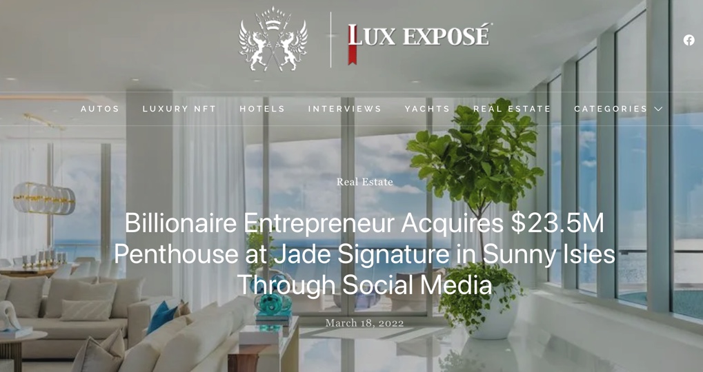 Billionaire Entrepreneur Acquires $23.5 Million Penthouse at Jade Signature Through Social Media