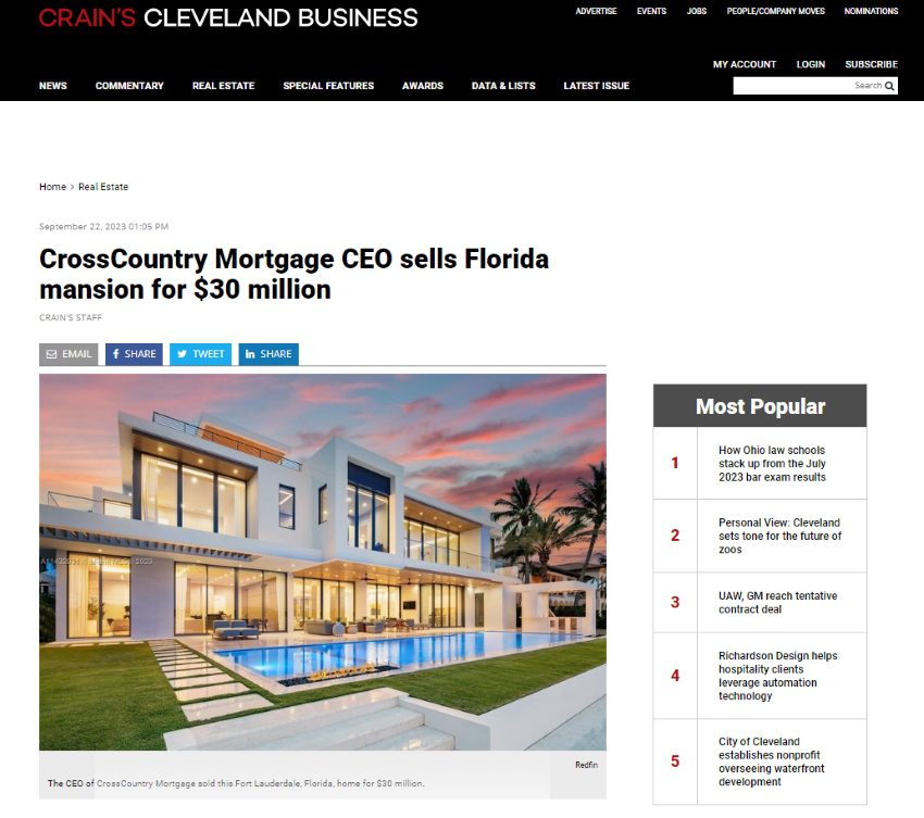 Cross Country Mortgage CEO sells Florida mansion for $30 million