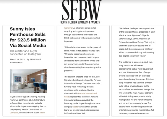 Sunny Isles Penthouse Sells for $23.5 Million Via Social Media