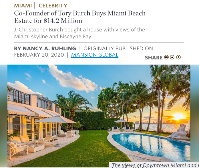 Co-Founder of Tory Burch Buys Miami Beach Estate for $14.2 Million