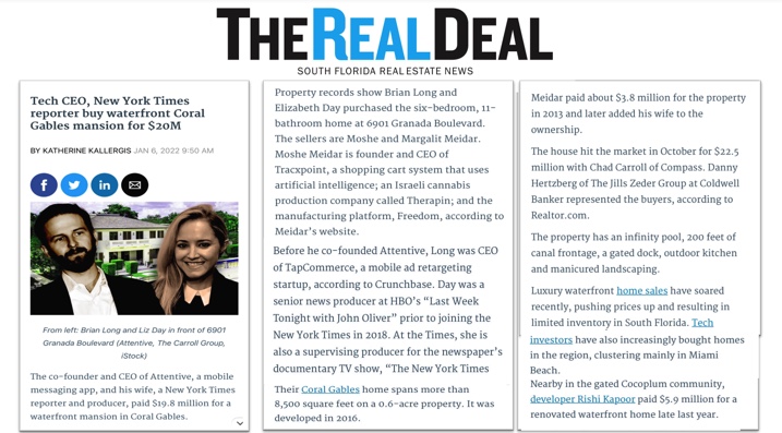 Tech CEO, New York Times reporter buy waterfront Coral Gables mansion for $20M