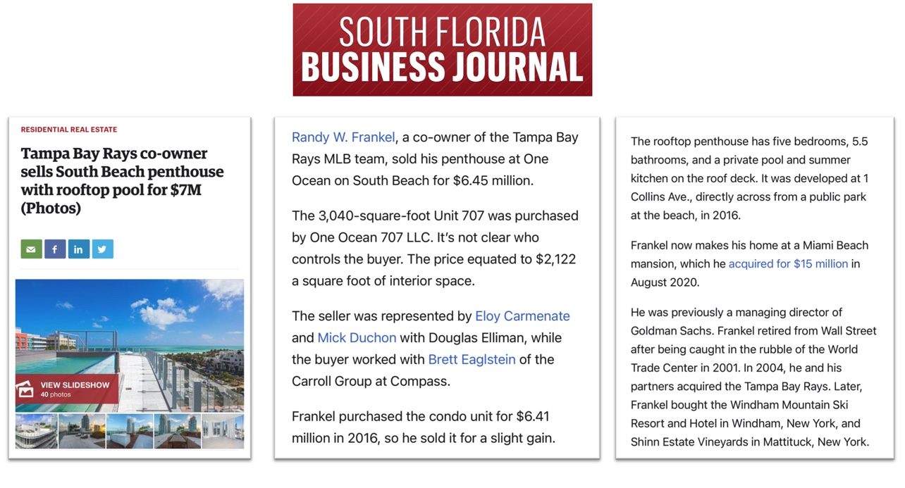 Tampa Bay Rays co-owner sells South Beach penthouse with rooftop pool for $7M