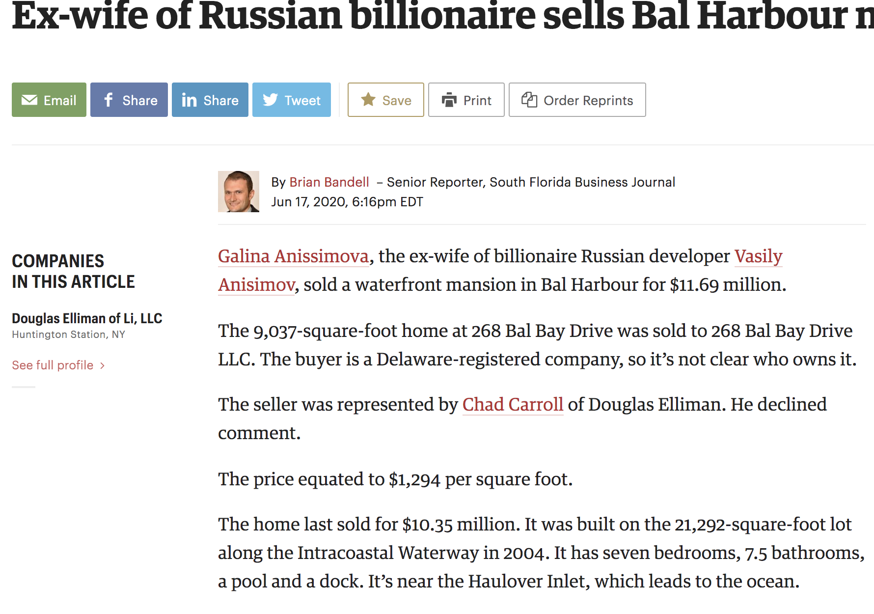 Ex-wife of Russian billionaire sells Bal Harbour mansion for $12M