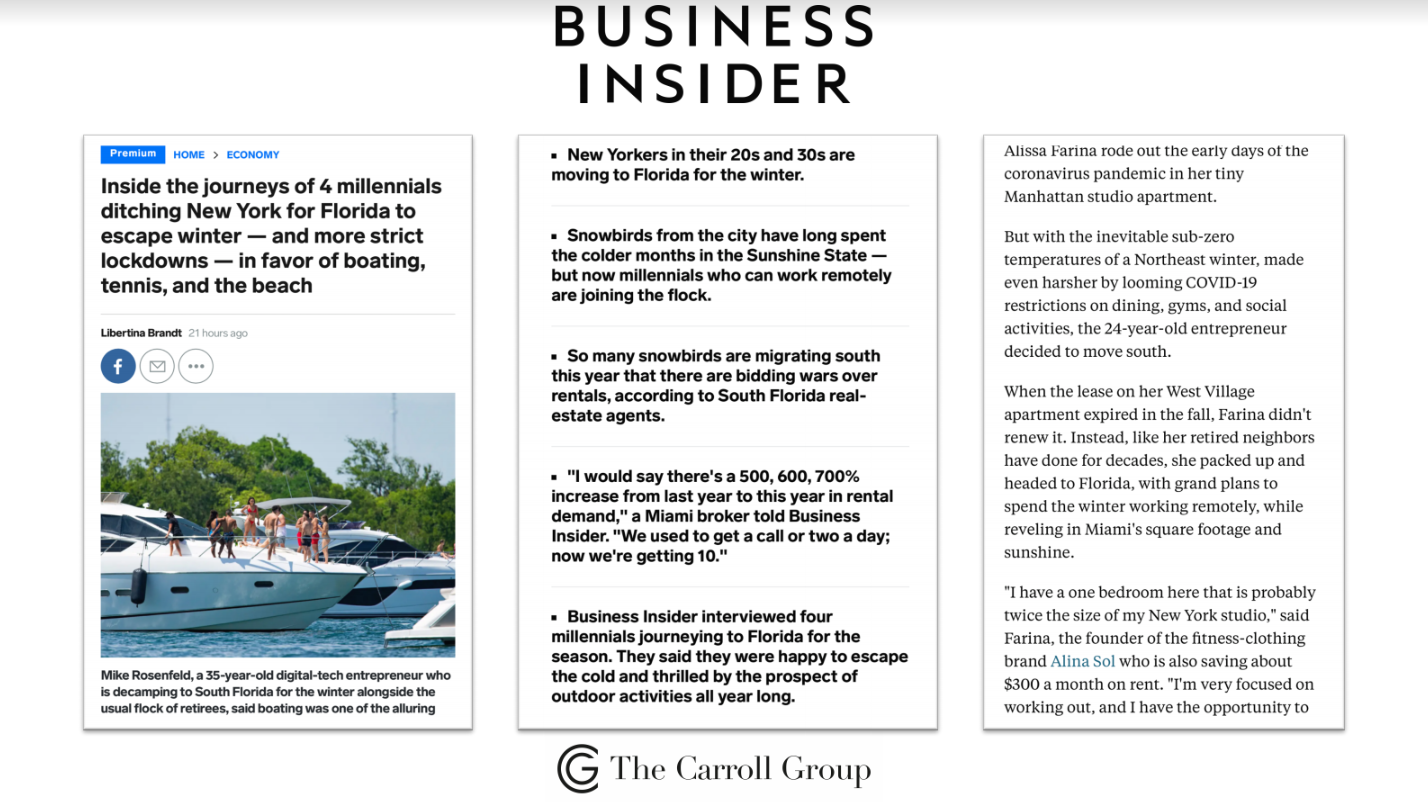 Inside the journeys of 4 millennials ditching New York for Florida to escape winter — and more strict lockdowns — in favor of boating, tennis, and the beach