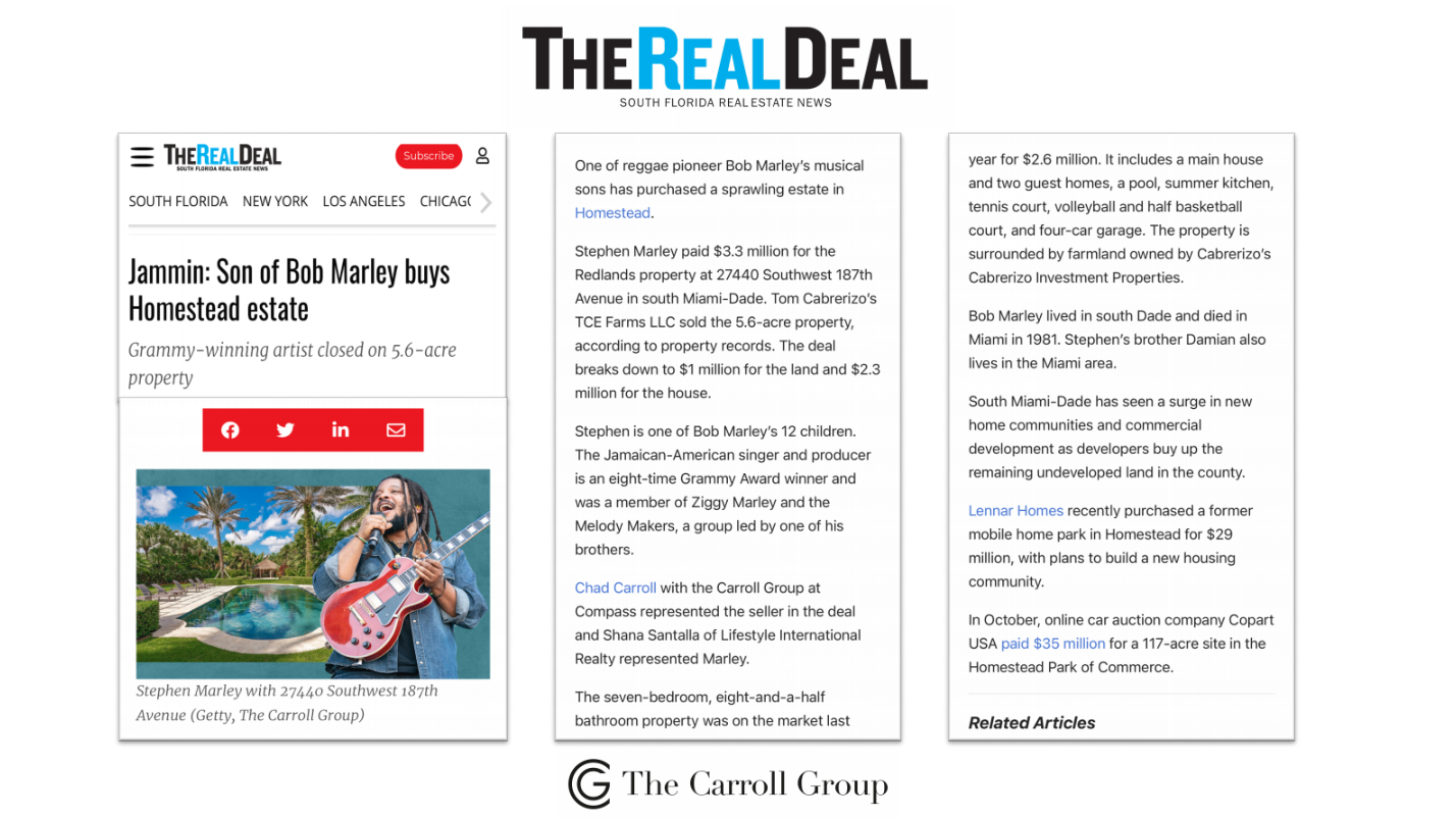 Jammin: Son of Bob Marley buys Homestead estate