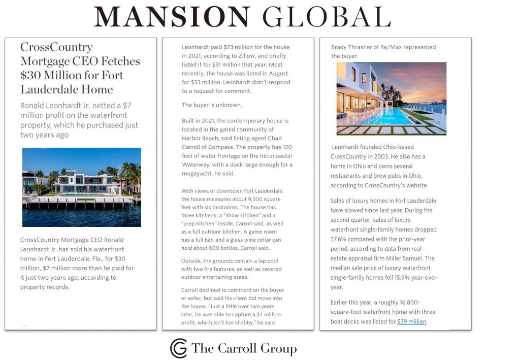 Cross Country Mortgage chief Ron Leonhardt sells waterfront Fort Lauderdale mansion for $30M