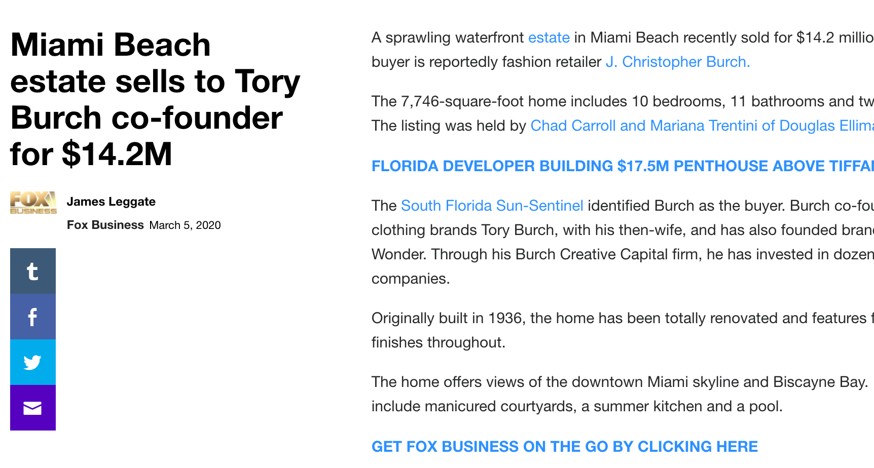 Miami Beach estate sells to Tory Burch co-founder for $14.2M