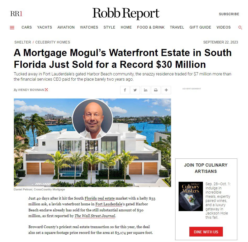 A Mortgage Mogul’s Waterfront Estate in South Florida Just Sold for a Record $30 Million