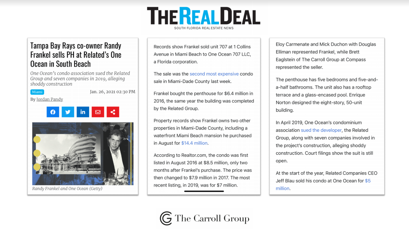 Tampa Bay Rays co-owner Randy Frankel sells PH at Related’s One Ocean in South Beach