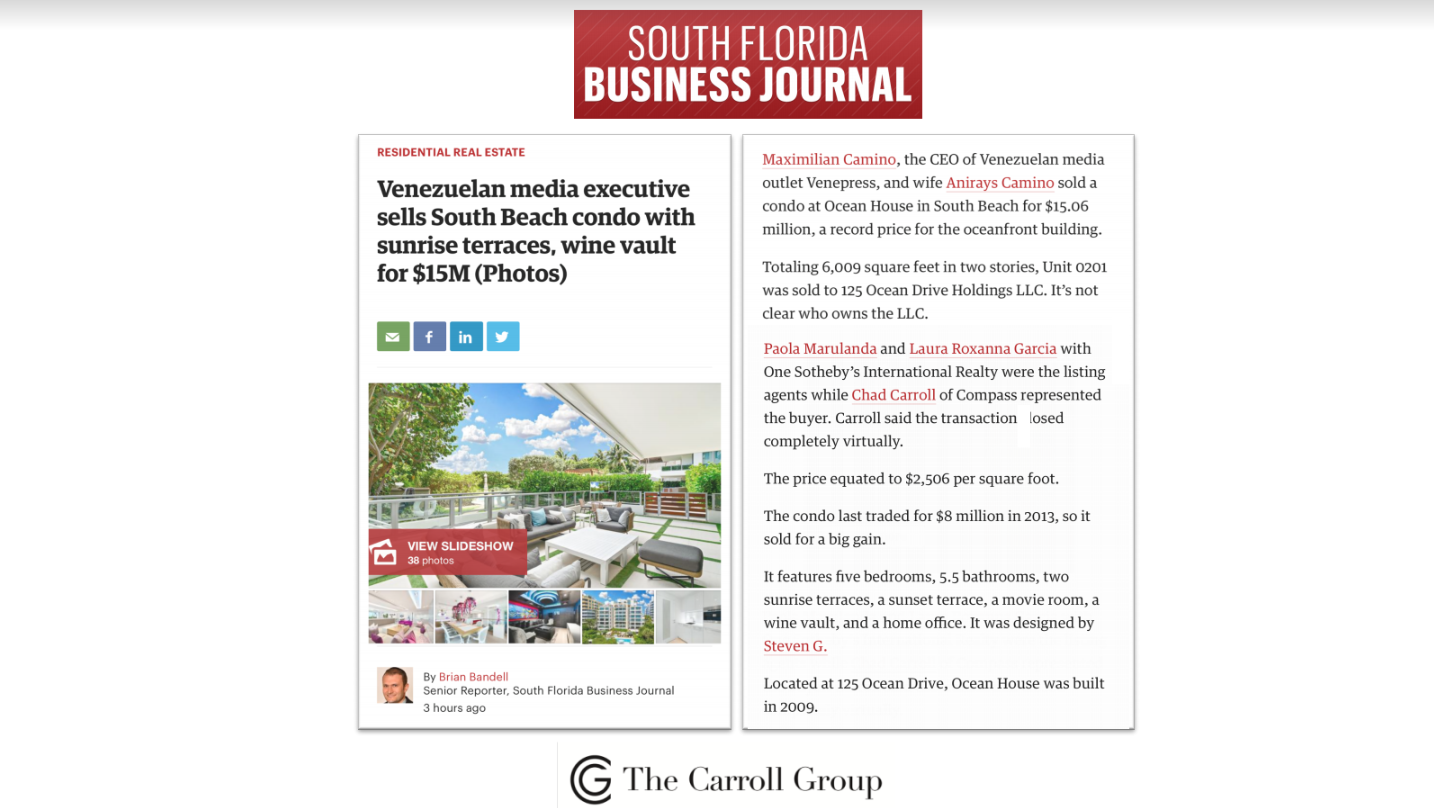 Venezuelan media executive sells South Beach condo with sunrise terraces, wine vault for $15M