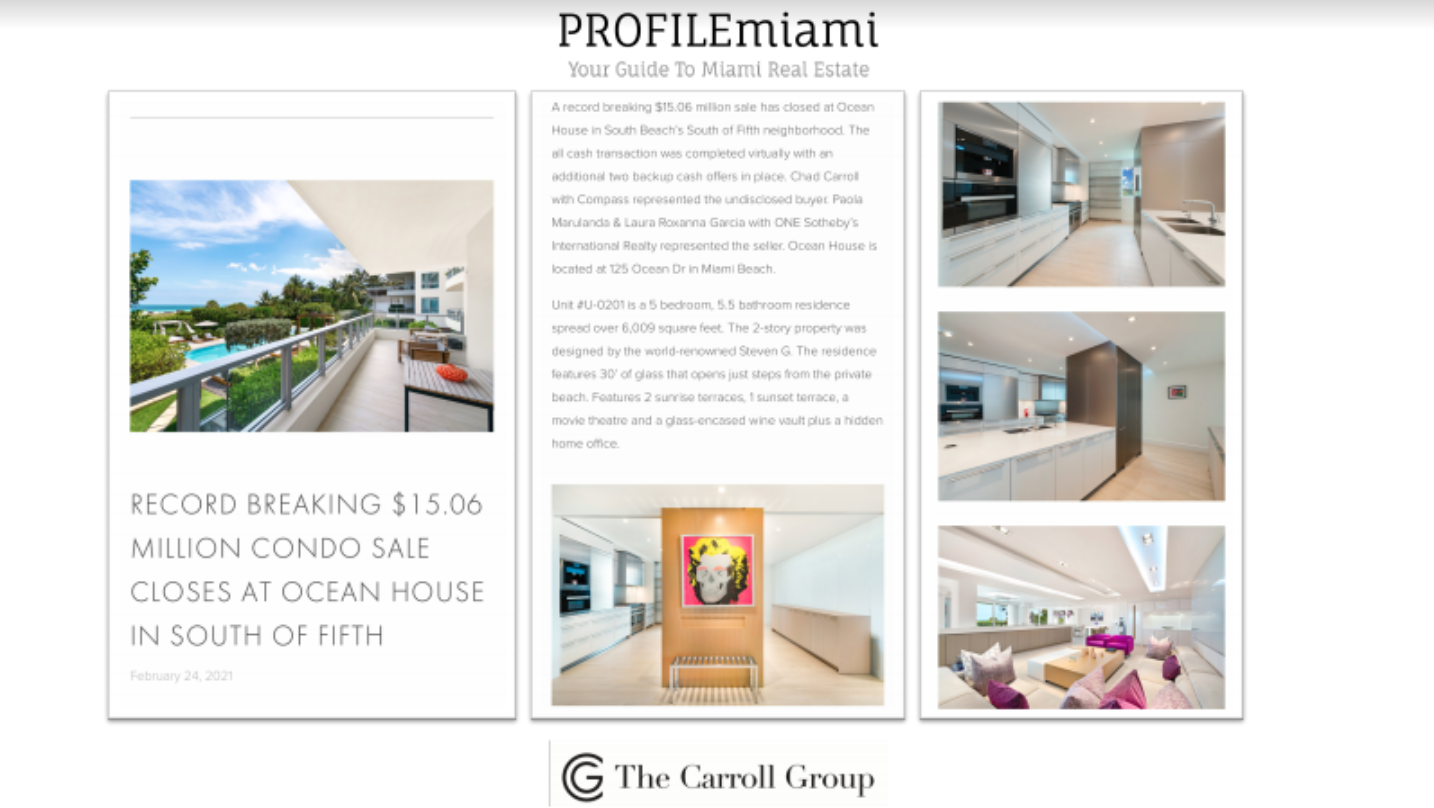 Record Breaking $15.06 Million Condo Sale Closes at Ocean House In South Of Fifth