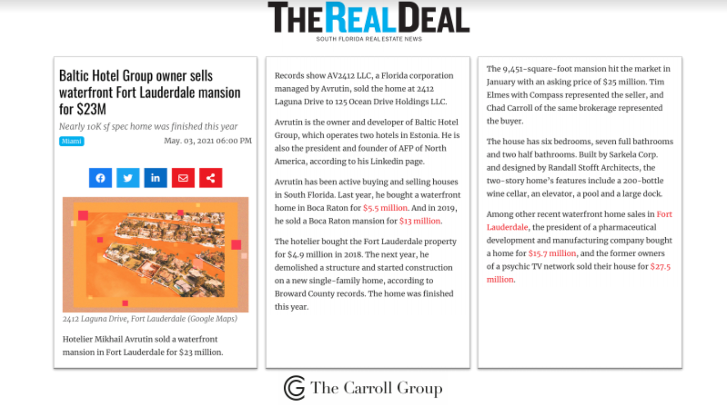 Baltic Hotel Group owner sells waterfront Fort Lauderdale mansion for $23M