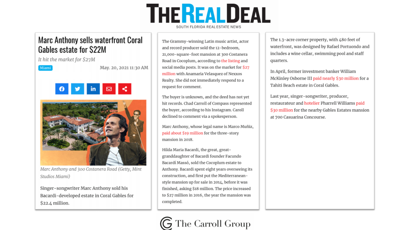 Marc Anthony sells waterfront Coral Gables estate for $22M