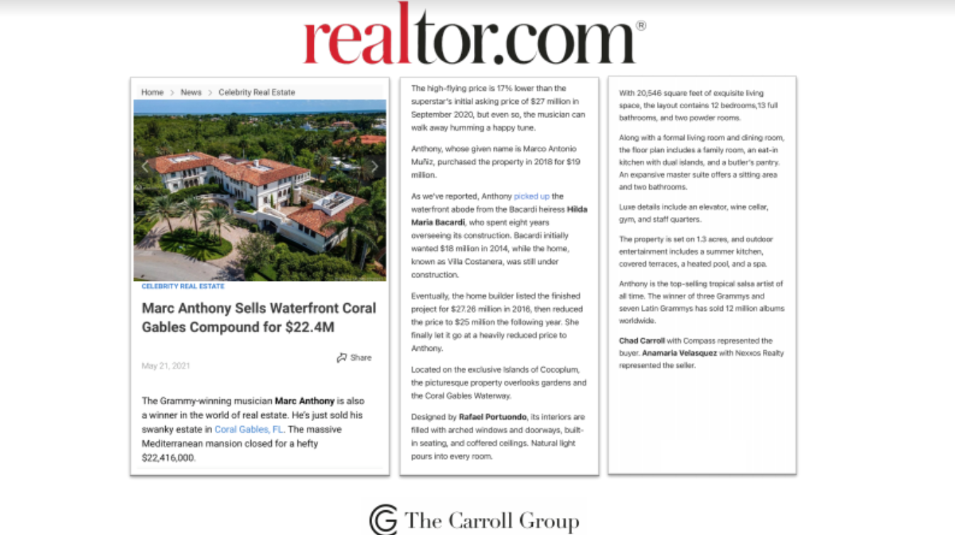 Marc Anthony Sells Waterfront Coral Gables Compound for $22.4M