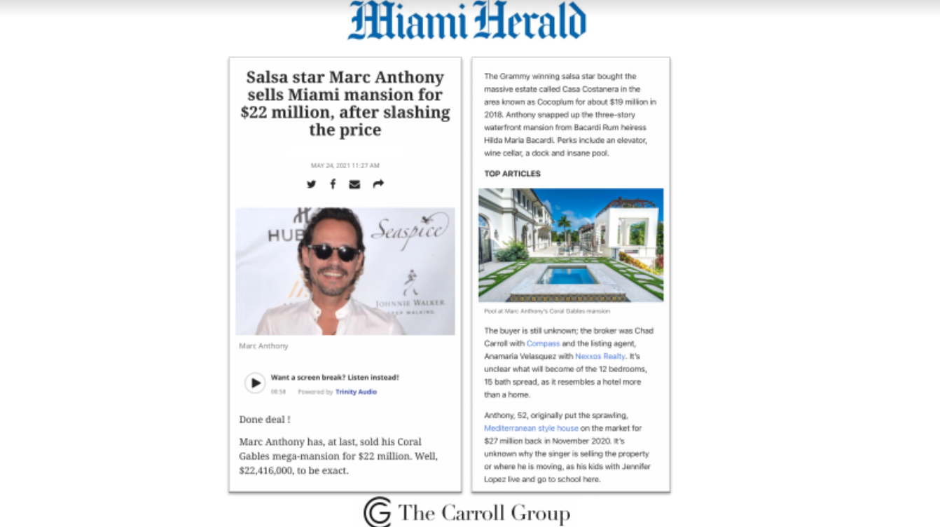Salsa star Marc Anthony sells Miami mansion for $22 million, after slashing the price