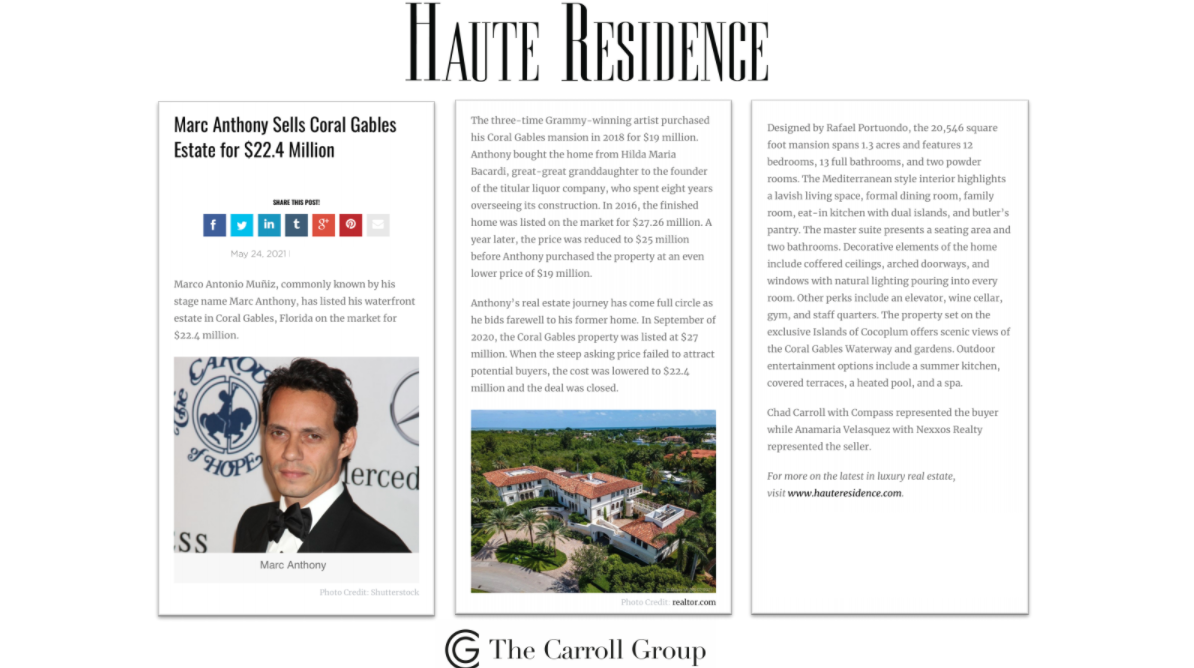 Marc Anthony Sells Coral Gables Estate for $22.4 Million