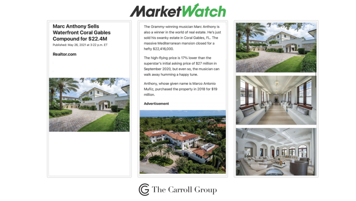 Marc Anthony Sells Waterfront Coral Gables Compound for $22.4M