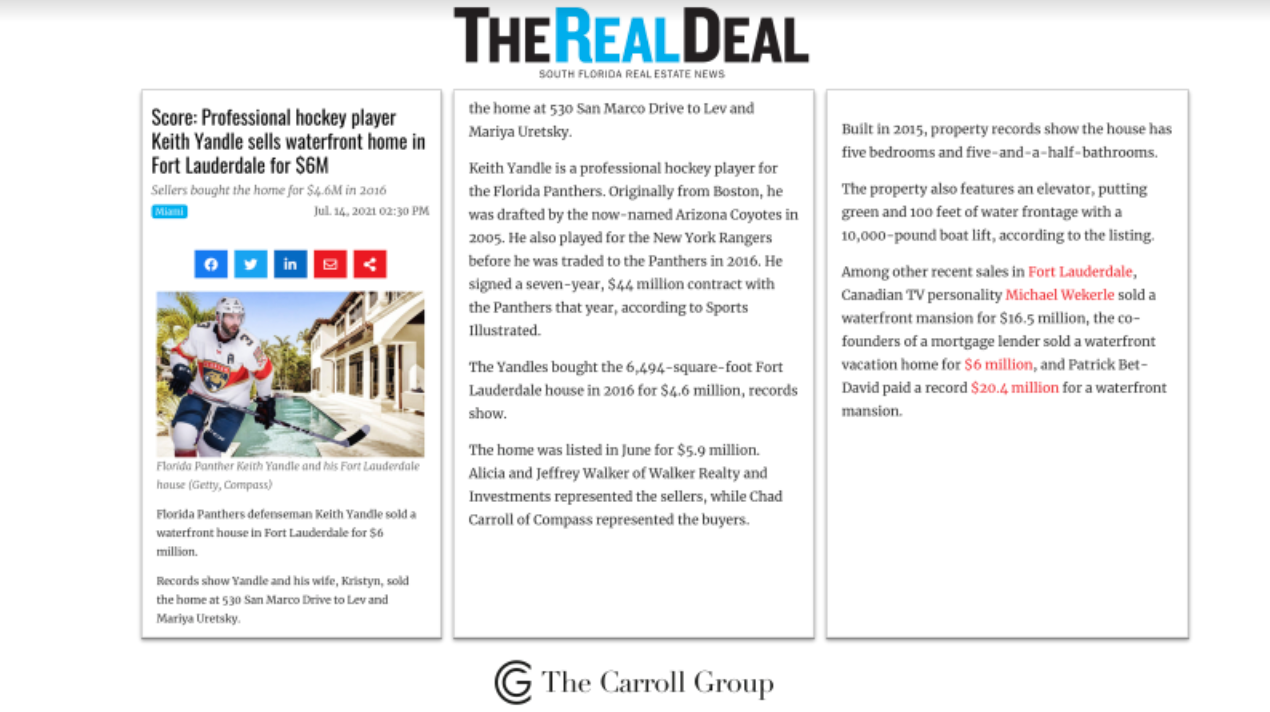 Score: Professional hockey player Keith Yandle sells waterfront home in Fort Lauderdale for $6M