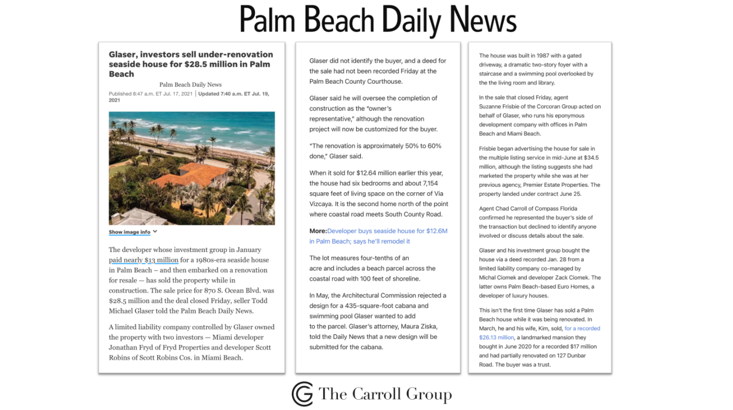Glaser, investors sell under-renovation seaside house for $28.5 million in Palm Beach