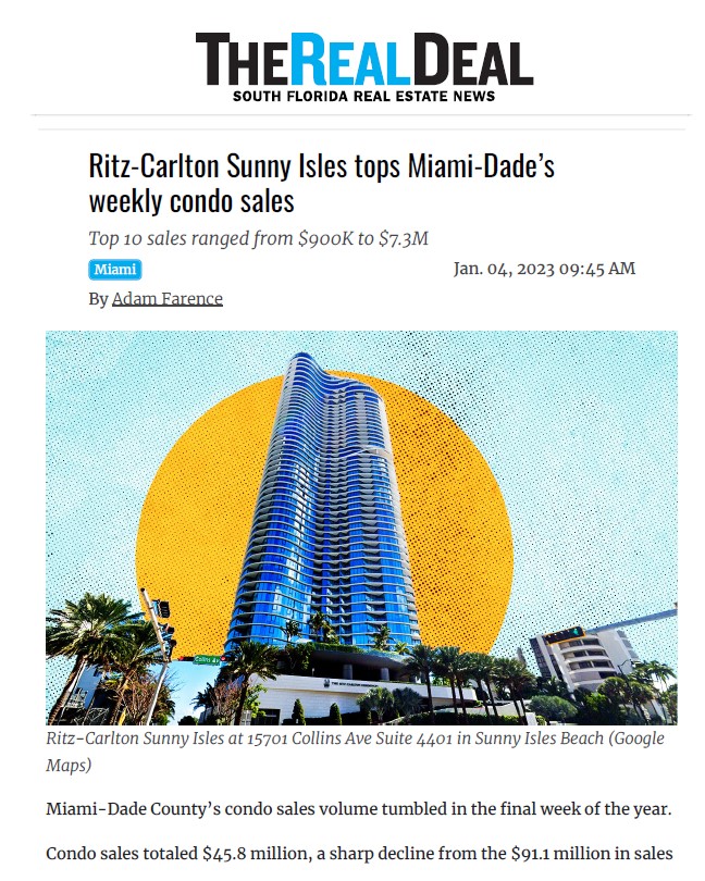 Ritz-Carlton Sunny Isles tops Miami-Dade’s weekly condo sales