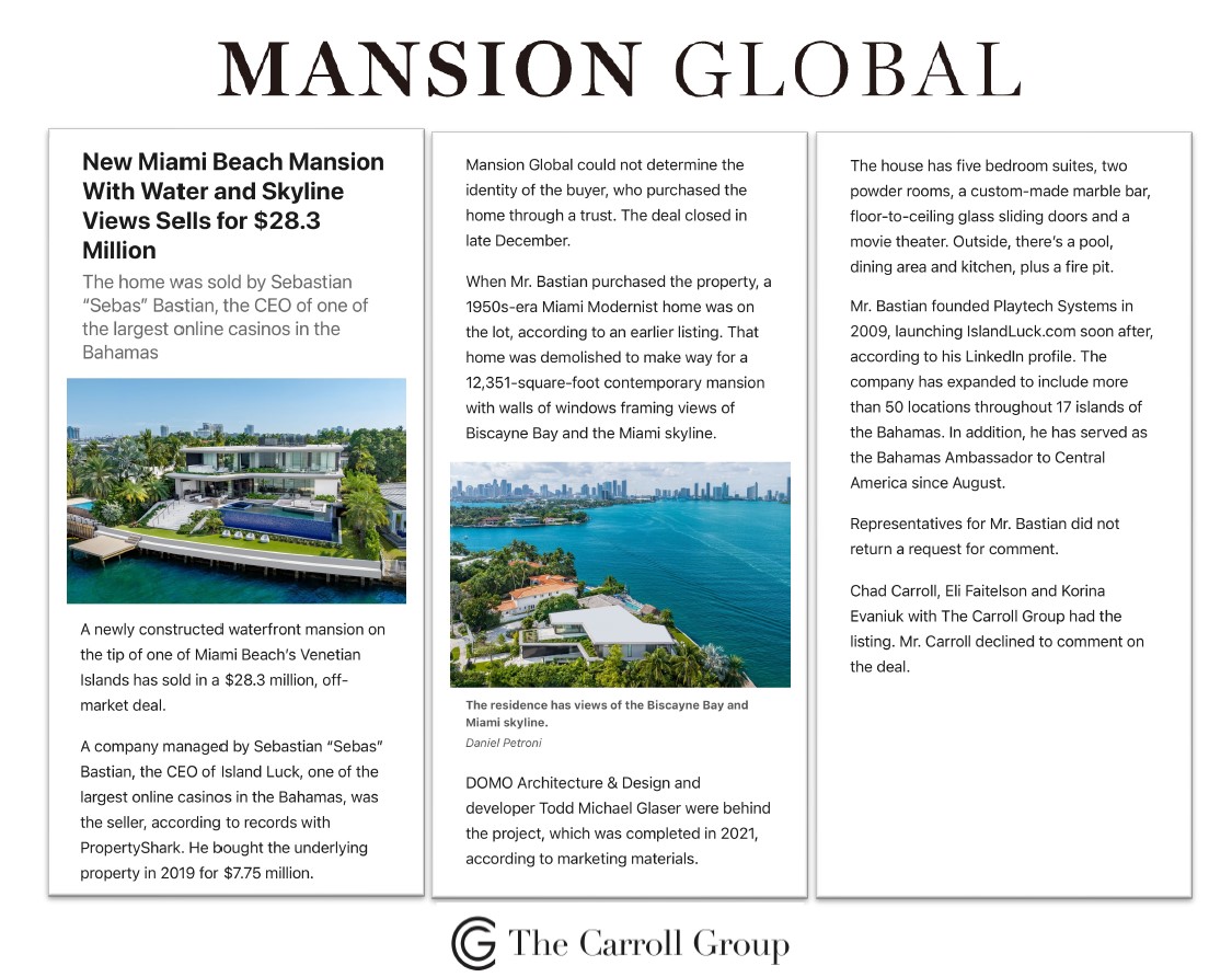 New Miami Beach Mansion With Water and Skyline Views Sells for $28.3 Million