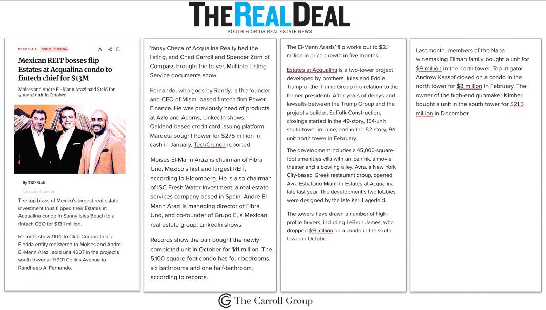 Mexican REIT bosses flip Estates at Acqualina condo to fintech chief for $13M