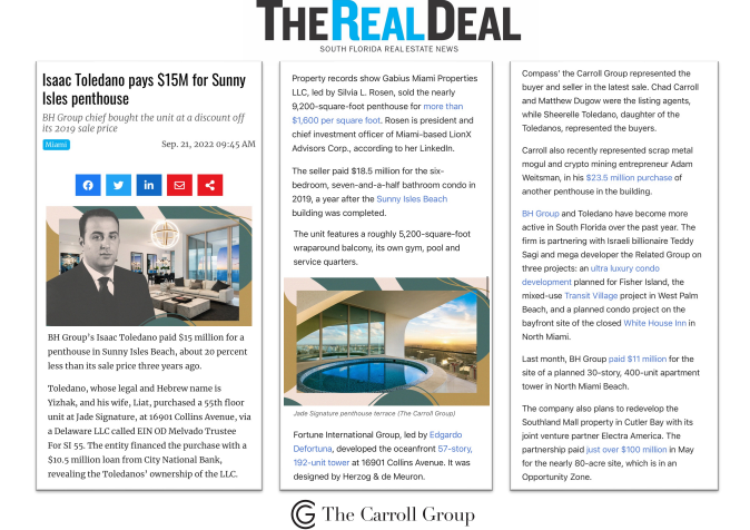 Isaac Toledano pays $15M for Sunny Isles Penthouse