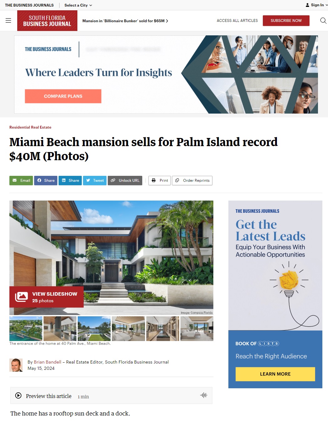 Miami Beach mansion sells for Palm Island record $40M