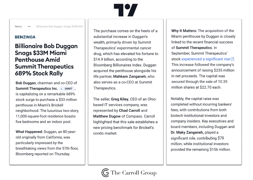 Billionaire Bob Duggan Snags $33M Miami Penthouse Amid Summit Therapeutics 689% Stock Rally