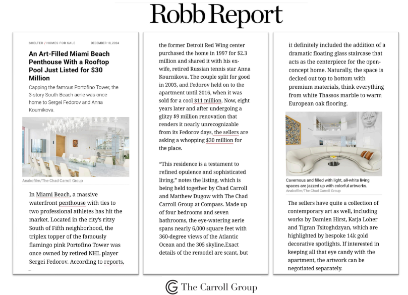 An Art-Filled Miami Beach Penthouse With a Rooftop Pool Just Listed for $30 Million (Robb Report)