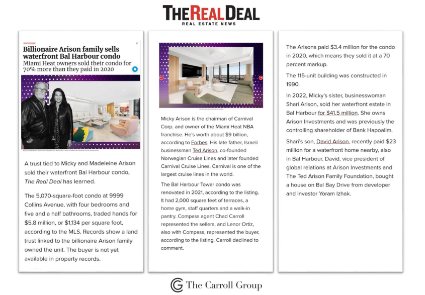 Billionaire Arison family sells waterfront Bal Harbour condo