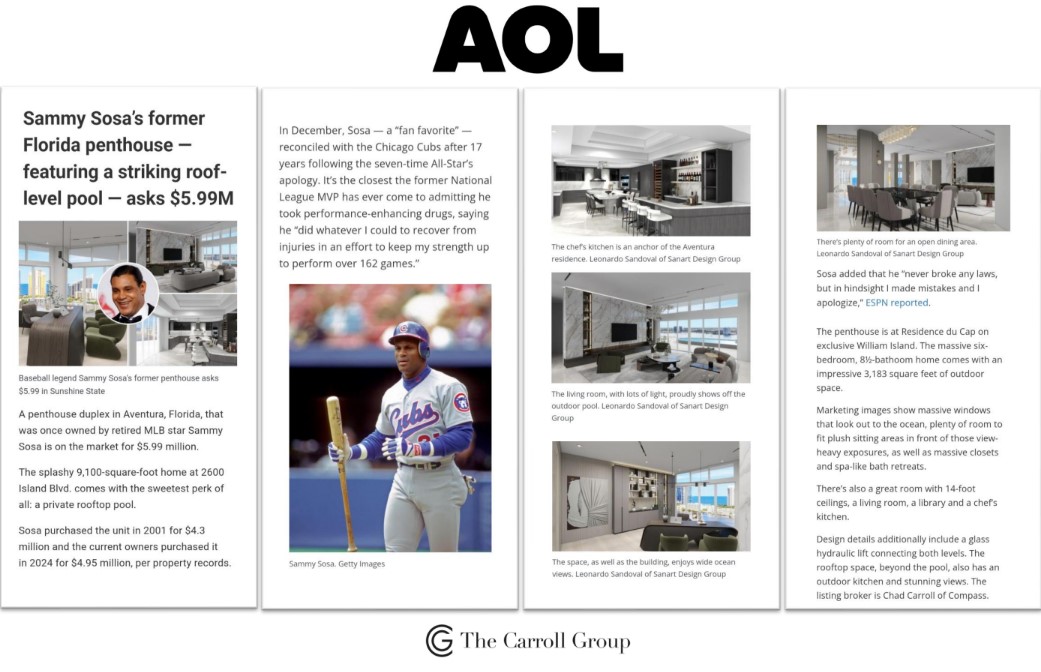 Sammy Sosa’s former Florida penthouse – featuring a striking roof-level pool – asks $5.99M